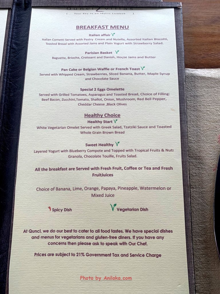 Menu Breakfast Qunci Villas Lombok Quali Restaurant