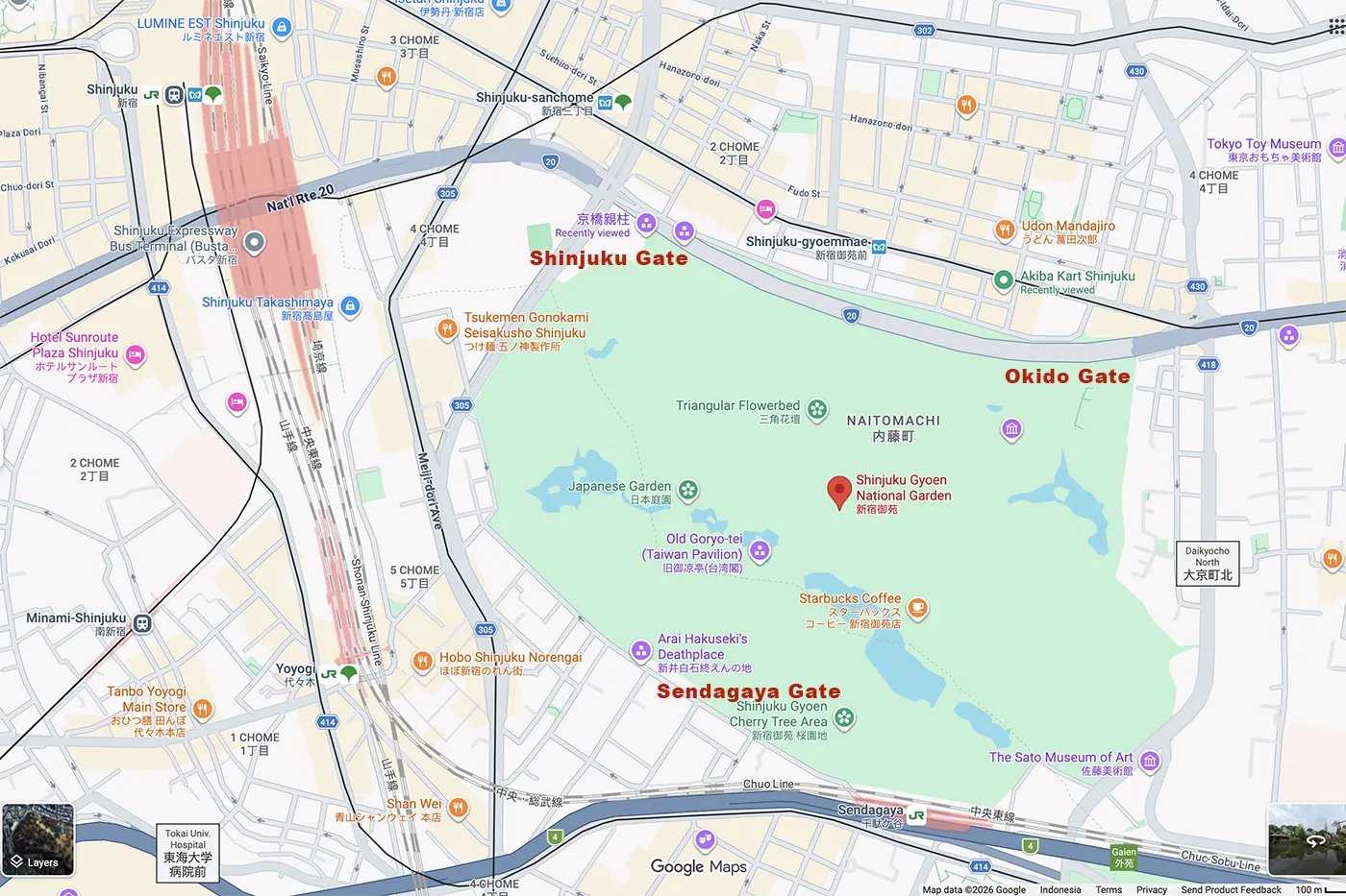 Shinjuku Gyoen Gates: Shinjuku Gate, Okido gate, Sendagaya Gate